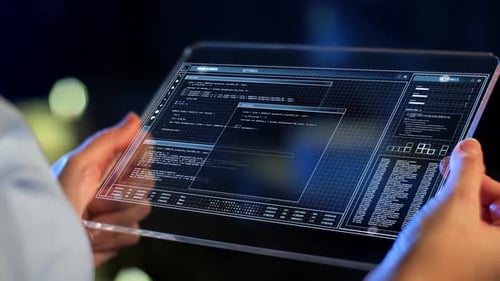 Technology Virtual Effects and Programming Concept - Hands Holding Transparent Tablet Pc