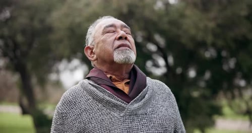 Old man, meditation and calm in the park, breathing in fresh air and nature with health