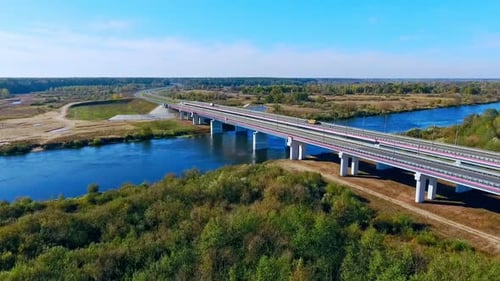 Aerial Bridge Landscape. Aerial View Highway Bridge Over River. Aerial Highway Road