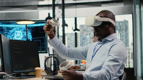 Technician in Office Using VR Headset Equipment to Accelerate AI Calculations