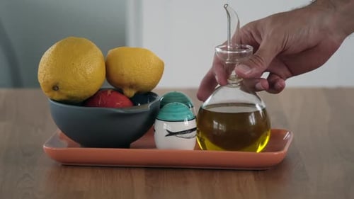 Fresh Lemons and Olive Oil on Tray. Mediterranean Diet Healthy Ingredients