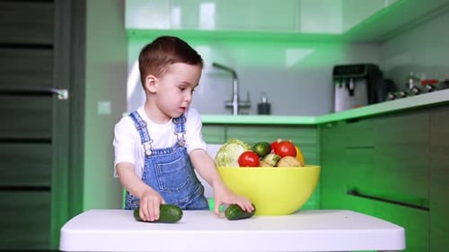 Young boy arranging vegetables in bowl at home