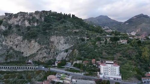 Hillside Coastal Town Of Taormina In Sicily, Italy - Aerial Drone Shot