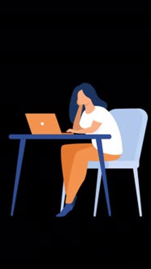 Exhausted Female Office Worker Sitting At The Table On Vertical On Alpha Channel