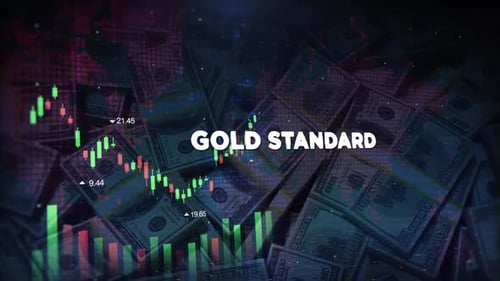 Gold Standard Words On Economic Background With Decrease Bar Chart Graph And Arrow