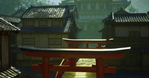 Serene View of Traditional Japanese Architecture at Dawn in a Tranquil Setting
