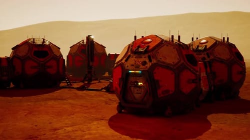 Martian Base Structures Under a Reddish Sky During Twilight Exploration