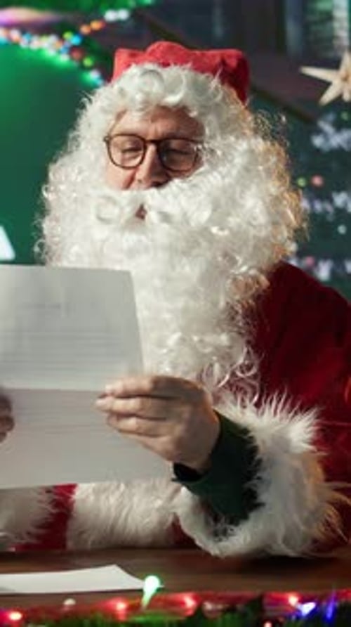 Vertical Video Portrait of Saint Nicholas Saying Ho Ho Ho and Reading Letters From Kids