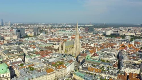 Aerial Establishing Shot of St. Stephen's Cathedral, Vienna, Austria. Famous Tourist Attraction