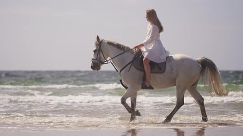 Girl Riding A Horse On Beach Water