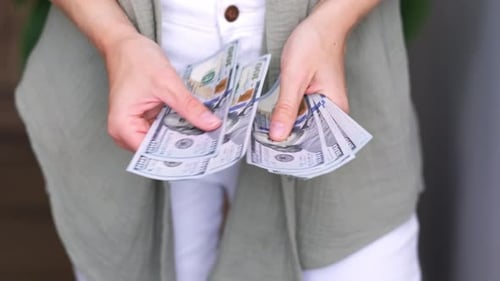Cropped View Woman Showing Cash Money 1000 American Dollars Banknotes Hands with Money Close Up