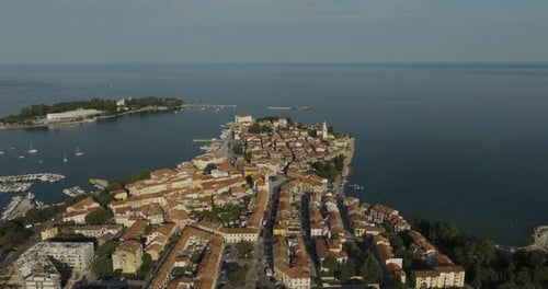 Aerial view of Porec at sunset in Istria, Croatia.