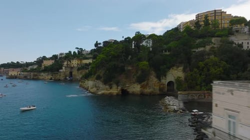 Fly Above Sea Coast with Historic Palaces and Luxurious Residences in Slope Above Water