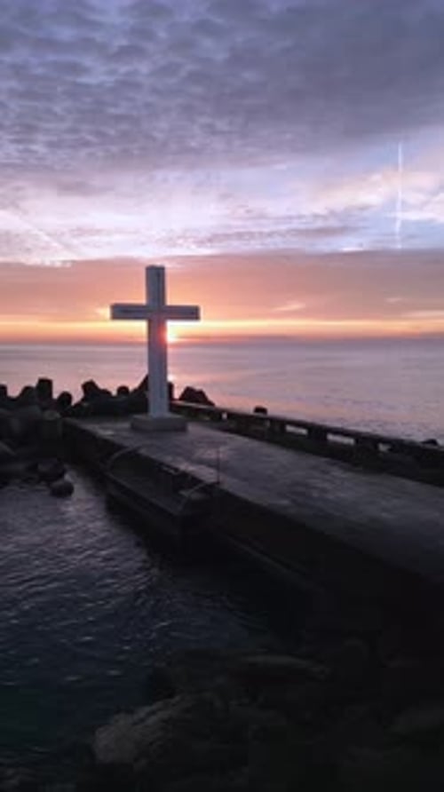 A Flight Around a Christian Holy Cross Early in the Morning at Sunrise The Large Cross Stands on the