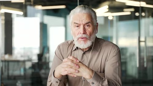 Webcam view. Confident senior gray haired businessman talking on a video call looking at the camera