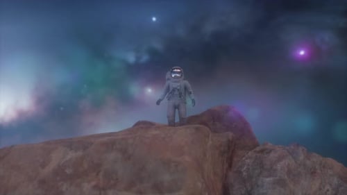 Astronaut Standing On Rock on Alien Planet Futuristic or Space Travel Backgrounds