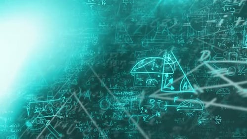 Digital animation of spots of light and mathematical equations against black background