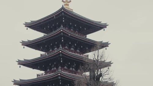 Five-storied Pagoda of Senso-ji Temple During Rainy Day In Tokyo, Japan. Tracking Shot