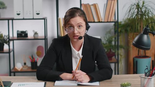 Businesswoman Working on Laptop Wearing Headset Call Center Support Service Operator Office Helpline