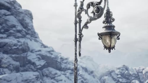 Snowy Mountain Landscape with Vintage Streetlamp Surrounded By Frost