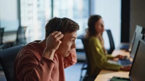 Man Operator Taking Headset From Computer Closeup Businessman Work Call Center