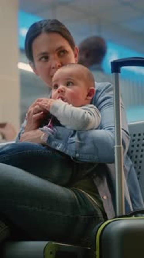 Adult Woman with Two Little Kids Sitting and Waiting for Airplane Flight in Departure Lounge of
