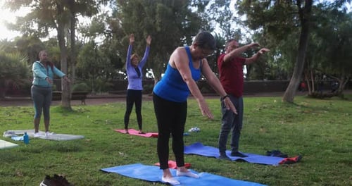 Multiracial senior people doing yoga exercises outdoor with city park in background