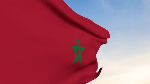 Morocco Flag Waving In Blue Sky Side View