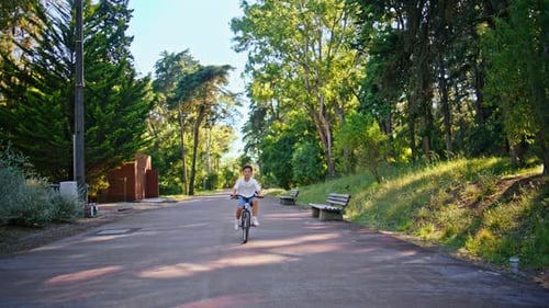 Carefree Kid Cycling Park Alley Having Fun Little Child Riding Bicycle Alone