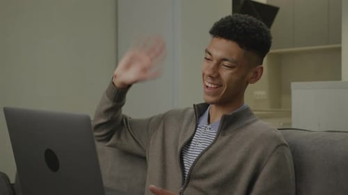 Black Man on Video Call Using Laptop Close Up African American Man Talking to Computer Working at