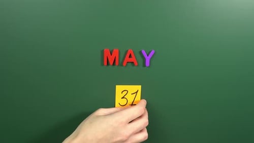 Hand sticking a sticker 31 May calendar day on school board. 31 date of May. Thirty first day
