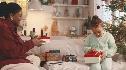 Joyful Mother and Daughter Exchange Christmas Gifts