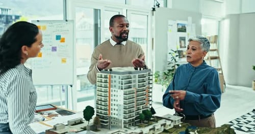 Business people, 3d model and architecture in office for design planning