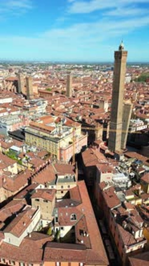 Panoramic view historic center of Bologna, Italy iconic medieval towers aerial drone