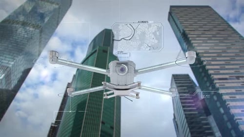 Drone Flying Over City Skyscrapers with Digital Interface