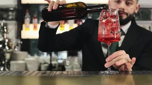 Bartender Pouring Alcoholic Drink Into Glass with Ice Cubes