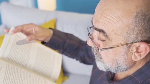 Man Reads Book on Couch in Home Setting