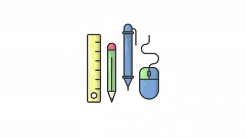 Colorful Illustration Of Stationery Tools Ruler Pencil Pen And Computer Mouse