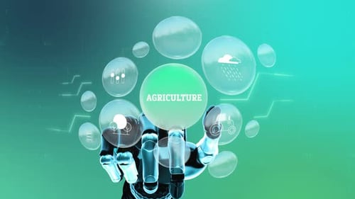 Futuristic Robotic Hand Interacts with Agriculture Technology Icons