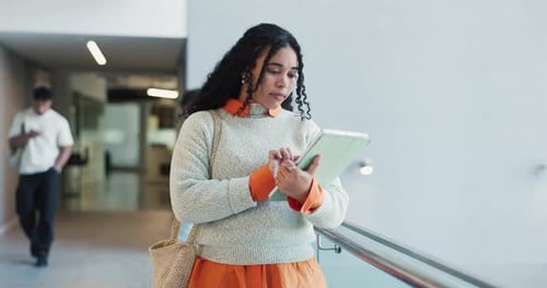 Woman, college student and tablet with typing at campus, notification and search for class schedule