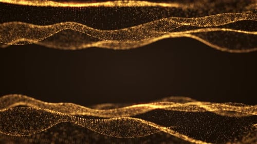 Septenary yellow golden waves on a black background. Smooth movement of liquid smooth copper form. W
