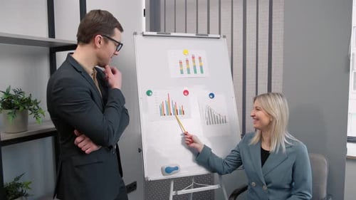 business woman team leader presenting project strategy showing ideas on whiteboard in office