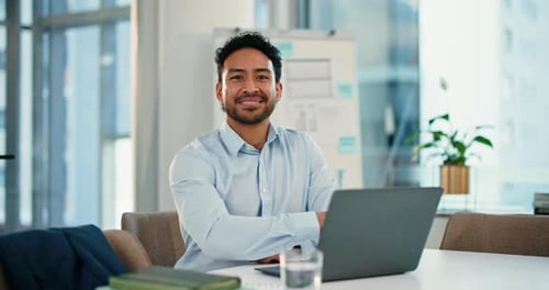 Face, architecture and happy man with laptop in office for project management