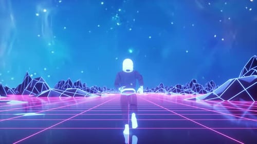 Astronaut Runs Surrounded By Flashing Neon Lights
