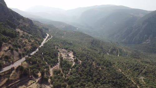 Establishing Nature drone shot near Delphi Oracle in Greece.