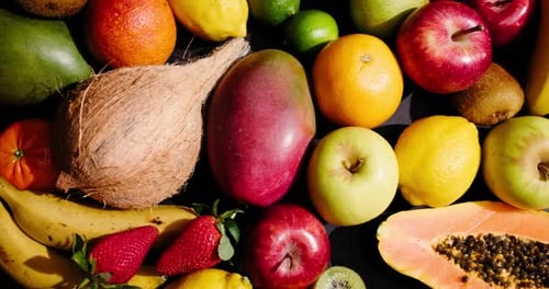 Health, diet and food with above of fruit for nutrition, vitamins and sustainability produce