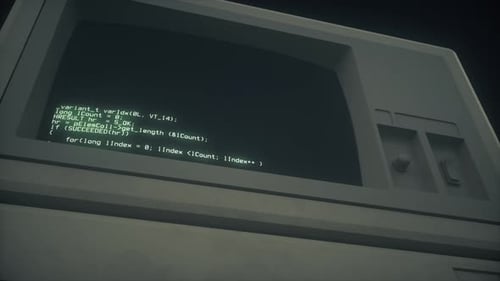 Retro Computer Terminal Displaying Vintage Programming Code in Dark Moody Scene