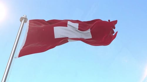 Realistic Swiss Flag Waving on Clear Blue Sky
