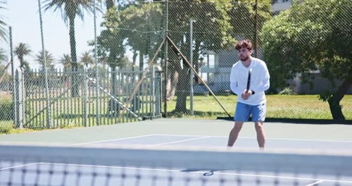 Tennis, sports and man on court for game, match and training for competition, practice or hobby