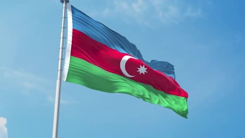 Dynamic Azerbaijan Flag Waving on Flagpole against Blue Sky